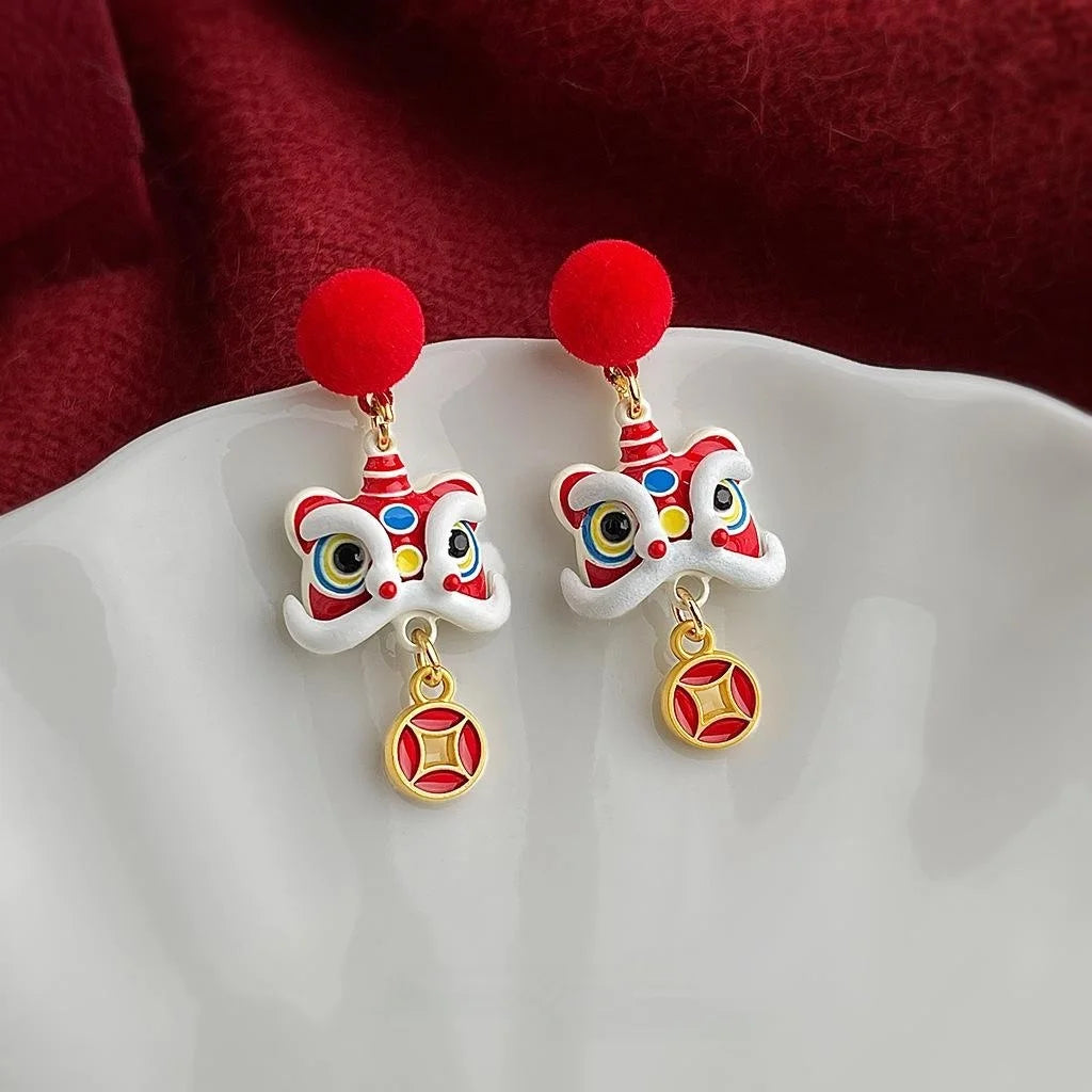 New Chinese Lion Dance Drop Earrings Flocked Enamel Drip Glaze Hand Painted New Year Jewelry