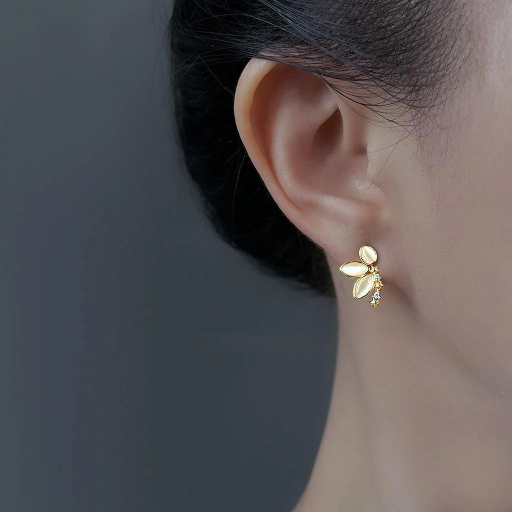 Luxury Floral Petal Stud Earrings With Glass Cat Eye Stone Micro Pave Zircon