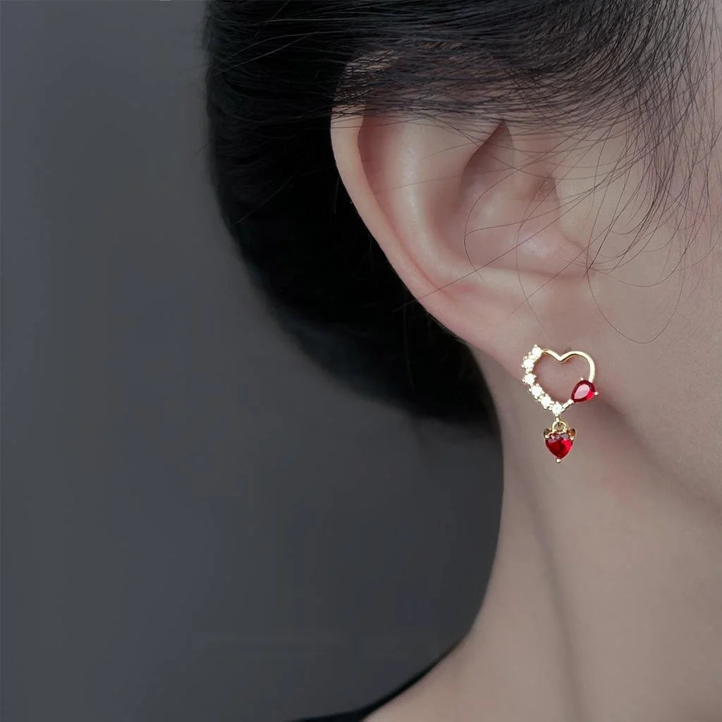 14K Plated Copper Burgundy Zircon Heart Stud Earrings Vintage Minimalist Jewelry