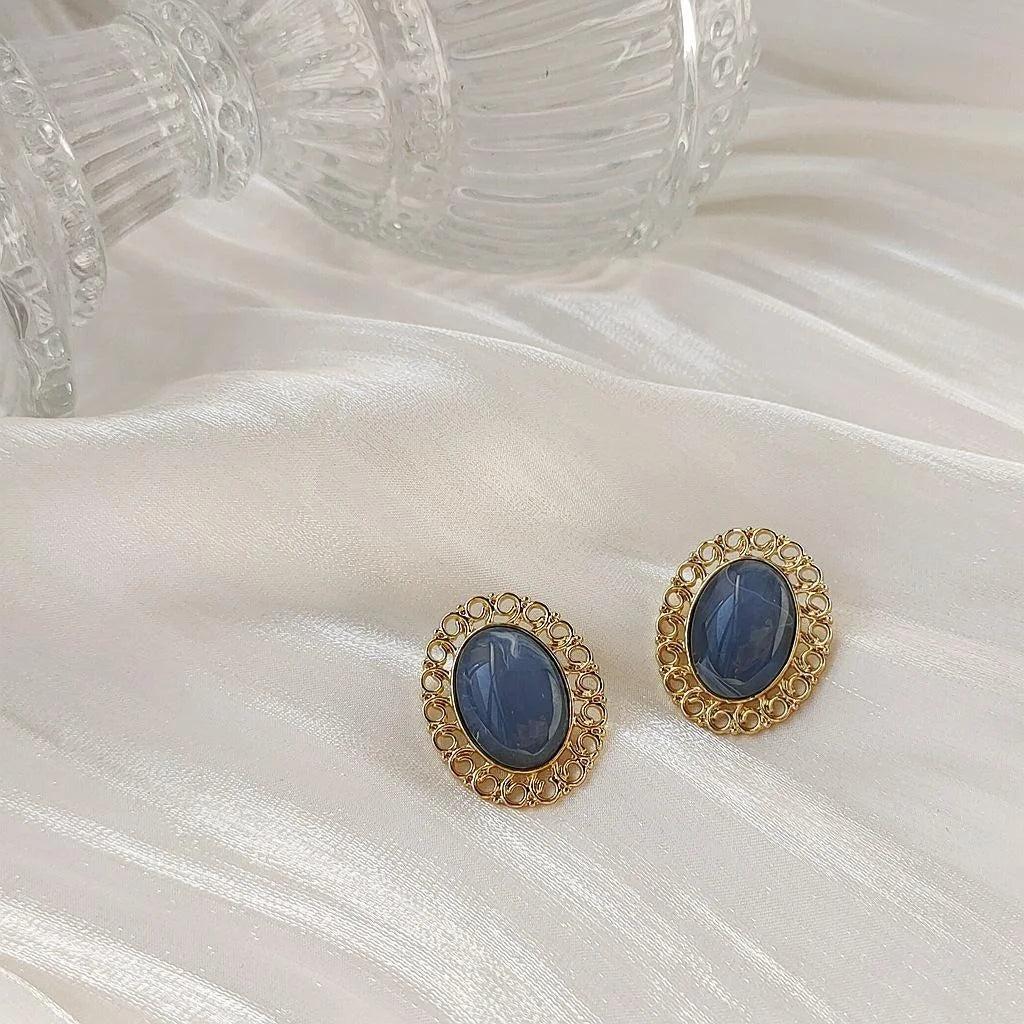 14K Plated Alloy Hollow Oval Haze Blue Drop Earrings, Hong Kong Vintage Jewelry