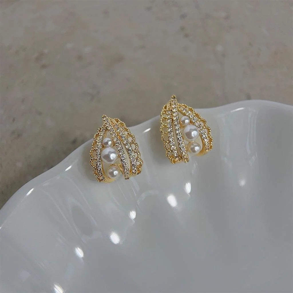 14K Gold Plated Micro Pave Zircon Pearl Drop Earrings French Elegant Hollow Lace Geometric Design