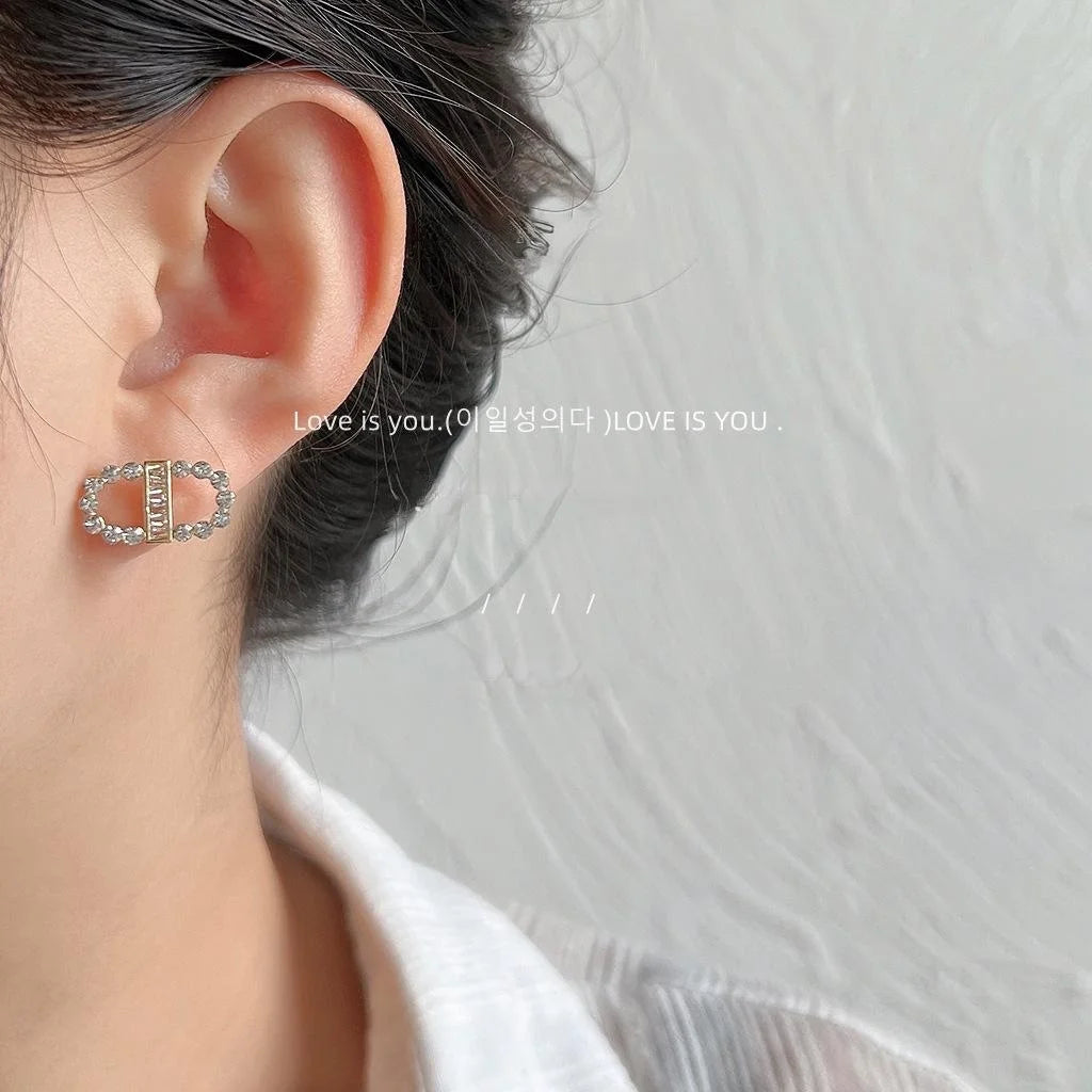 Light Luxury Copper Stud Earrings With Micro Pave Zircon Letter Oval Geometric Minimalist Design