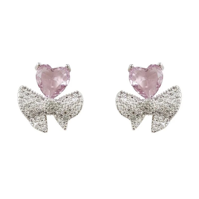 Sweet Cool Purple Heart Zircon Bow Stud Earrings Copper Full Zircon Niche Design Jewelry