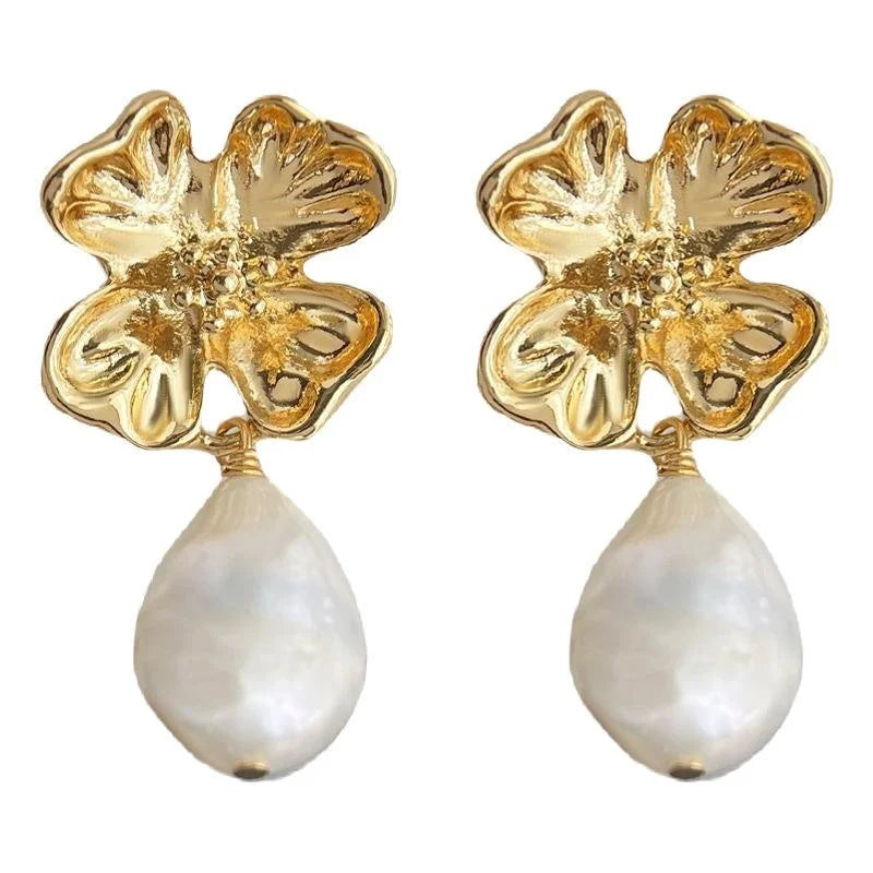 14K Gold Plated Copper Irregular Baroque Freshwater Pearl Flower Drop Earrings