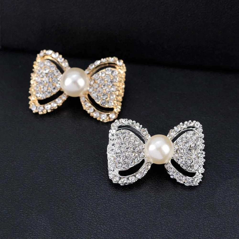 Elegant Gold Bow Brooch With Rhinestones And Faux Pearl Center, Luxury Lapel Pin Suit Accessory Gift