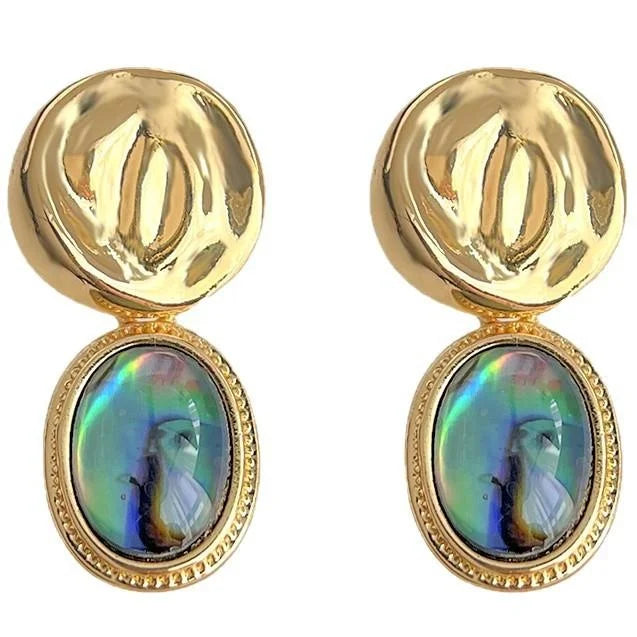 French Vintage Abalone Shell Copper Geometric Round Oval Drop Earrings Elegant Jewelry