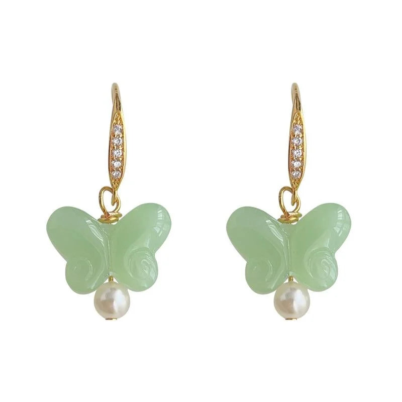 New Chinese Style Jade Glass Butterfly Pearl Drop Earrings French Vintage Handmade Jewelry