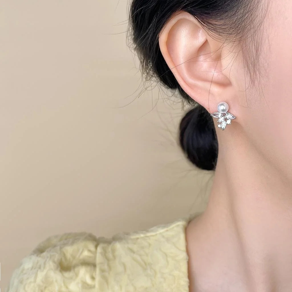 Copper Micro Pave Zircon Pearl Ice Flower Stud Earrings For Women