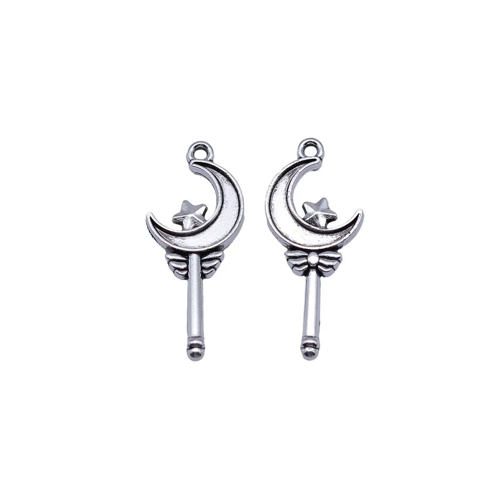 27x12mm 1.05g Antique Silver Zinc Alloy Star Moon Magic Wand Charm Pendant for DIY Fairy Jewelry