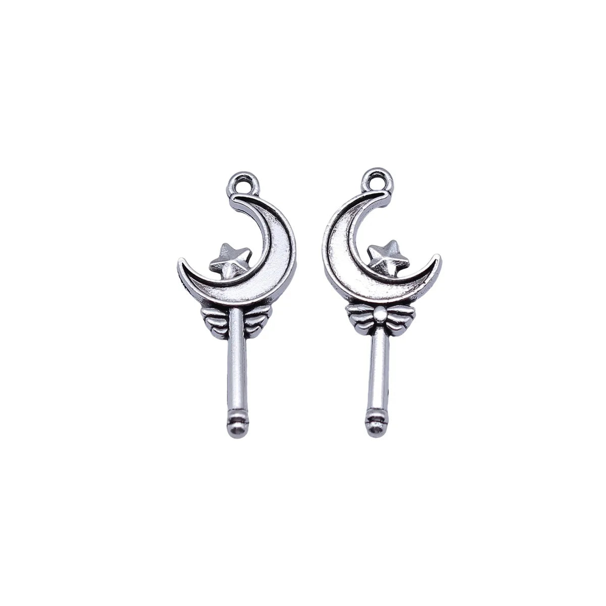 27x12mm 1.05g Antique Silver Zinc Alloy Star Moon Magic Wand Charm Pendant for DIY Fairy Jewelry