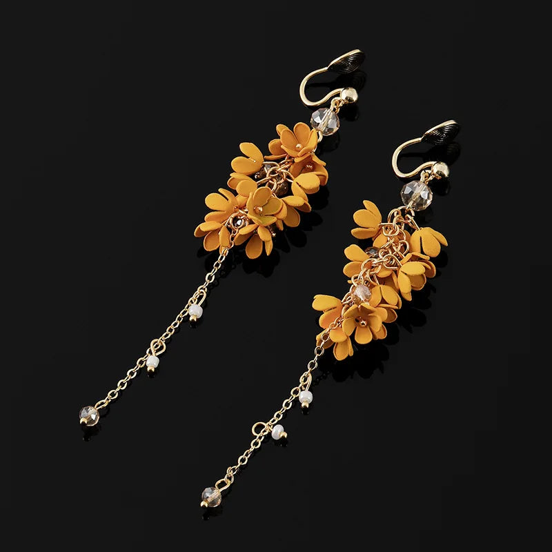 Elegant Yellow Osmanthus Flower Tassel Alloy Crystal Pearl Stud & Clip On No Piercing Earrings