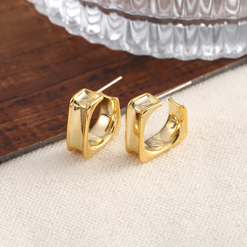 Elegant Gold Alloy Square Hoop Stud & Clip On No Piercing Minimalist Geometric Huggie Earrings