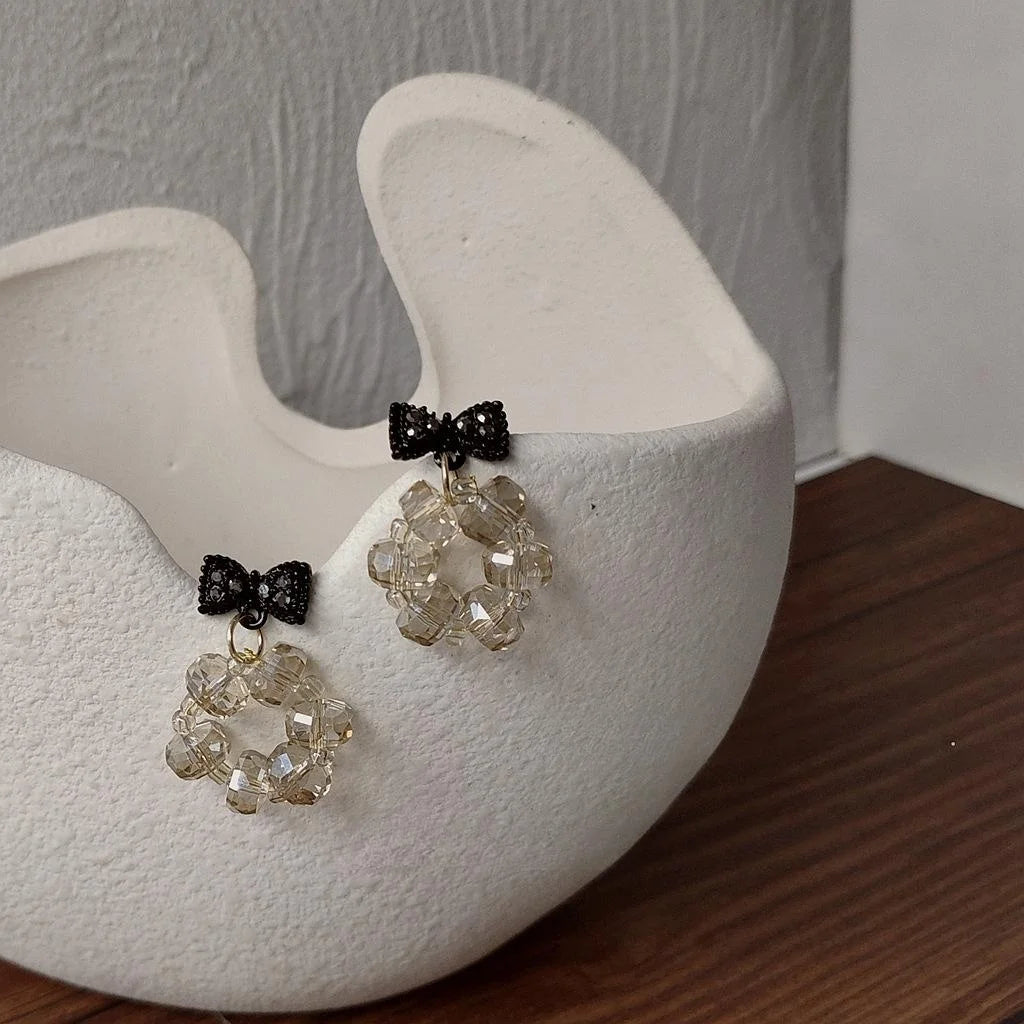 14K Gold Plated Black Crystal Bow Drop Earrings Handmade Korean Light Luxury Style