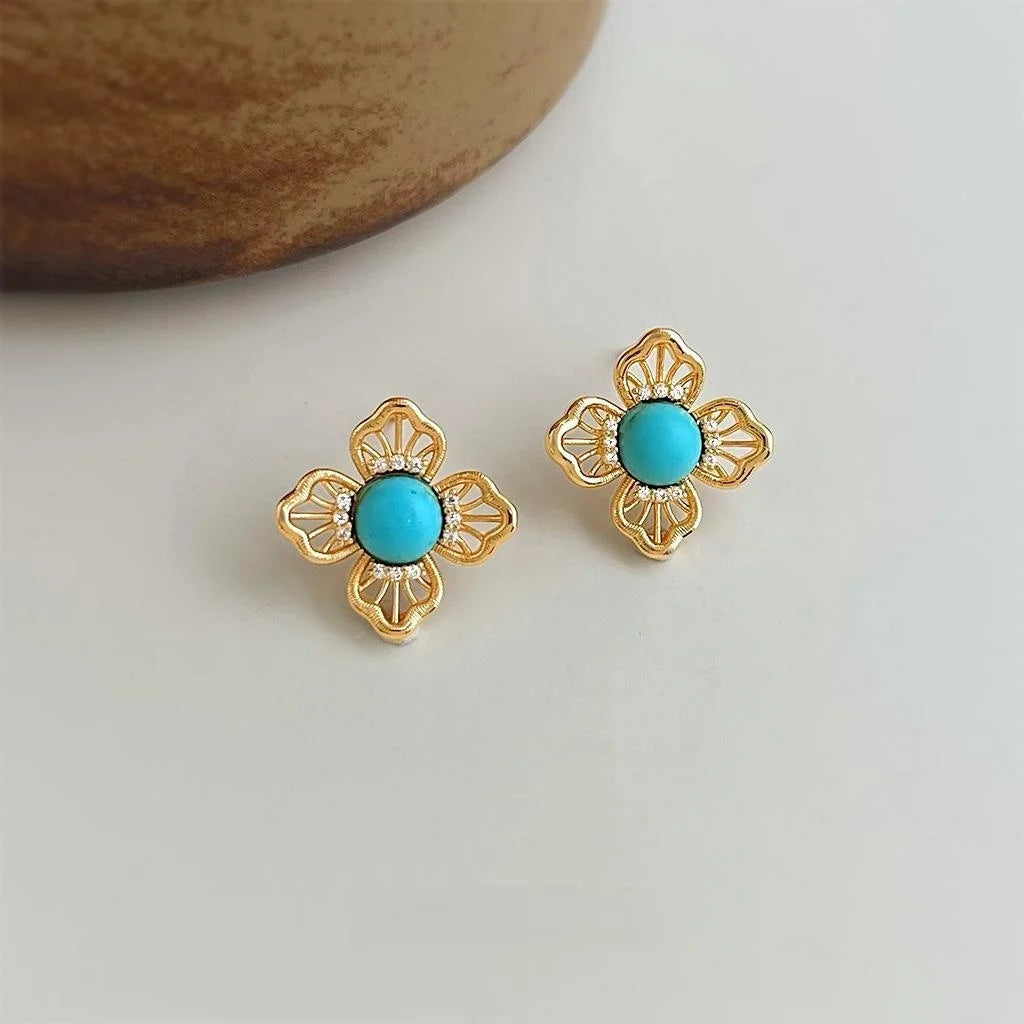 Vintage Hollow Lace Floral Geometric Copper Stud Earrings With Synthetic Turquoise Zircon