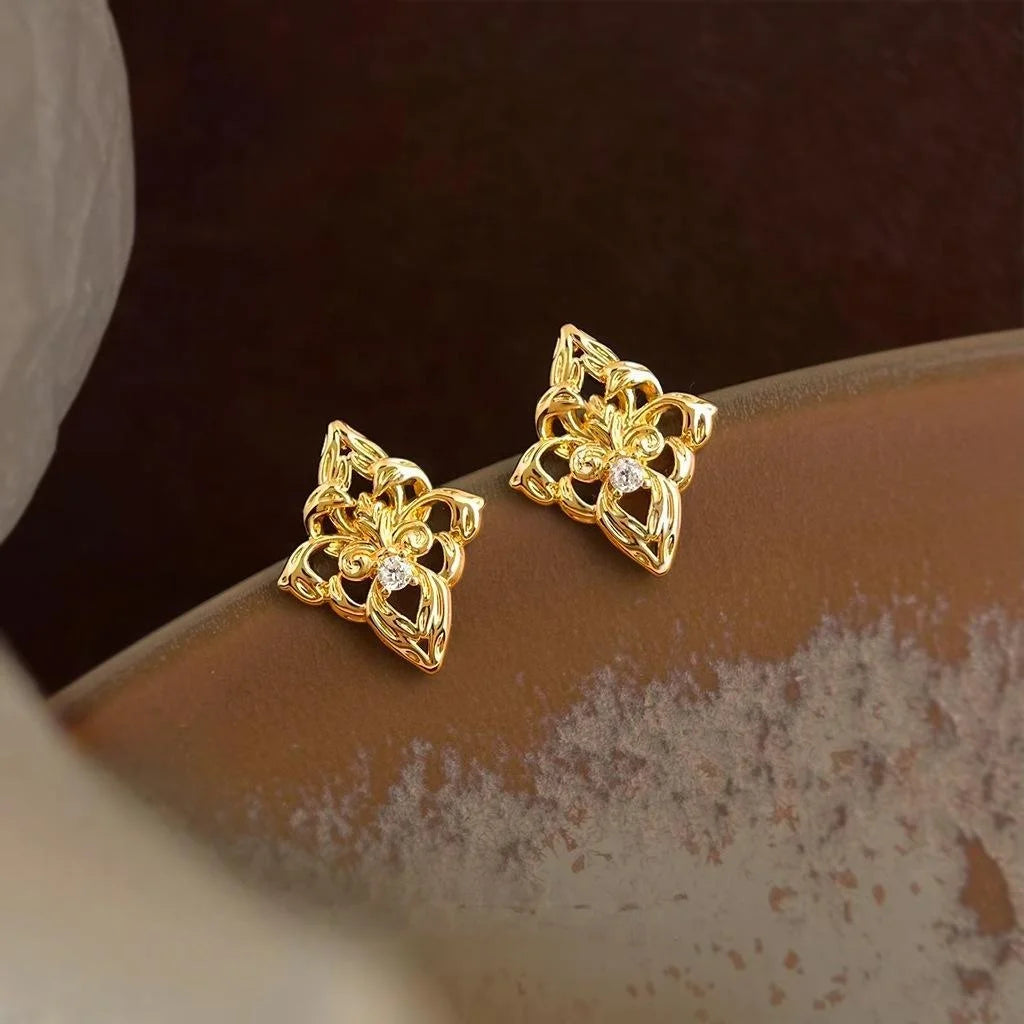 Iris Flower Geometric Zircon Copper 14K Plated Luxury Stud Earrings