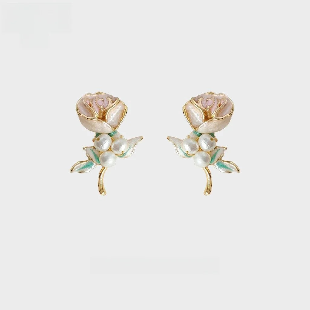 Handmade Forest Style Freshwater Pearl Rose Flower 14K Plated Copper Stud Earrings For Women