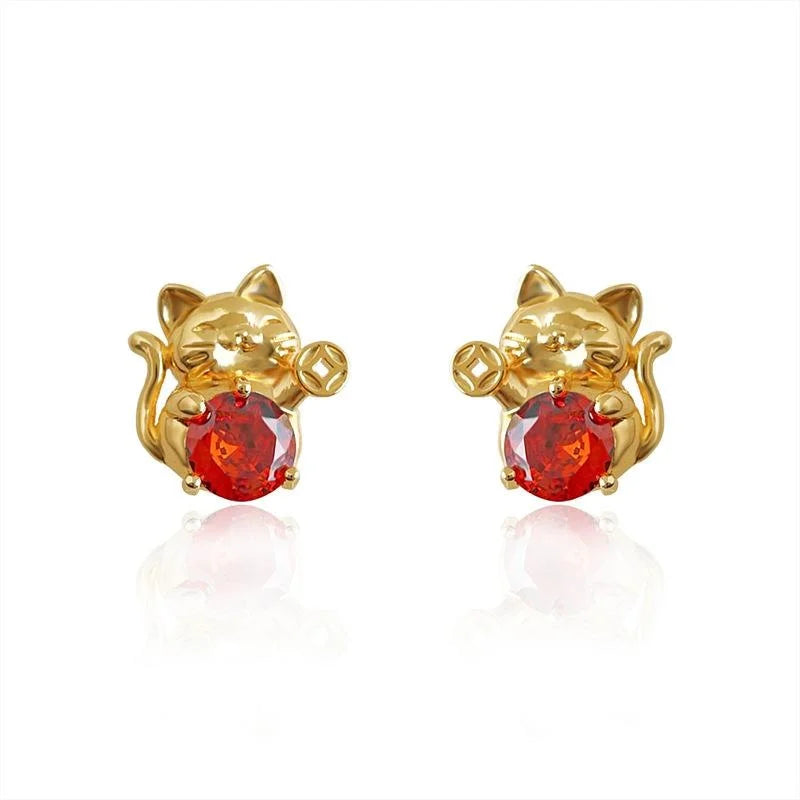 Style Zircon Inlaid Copper Fortune Cat Stud Earrings Posts