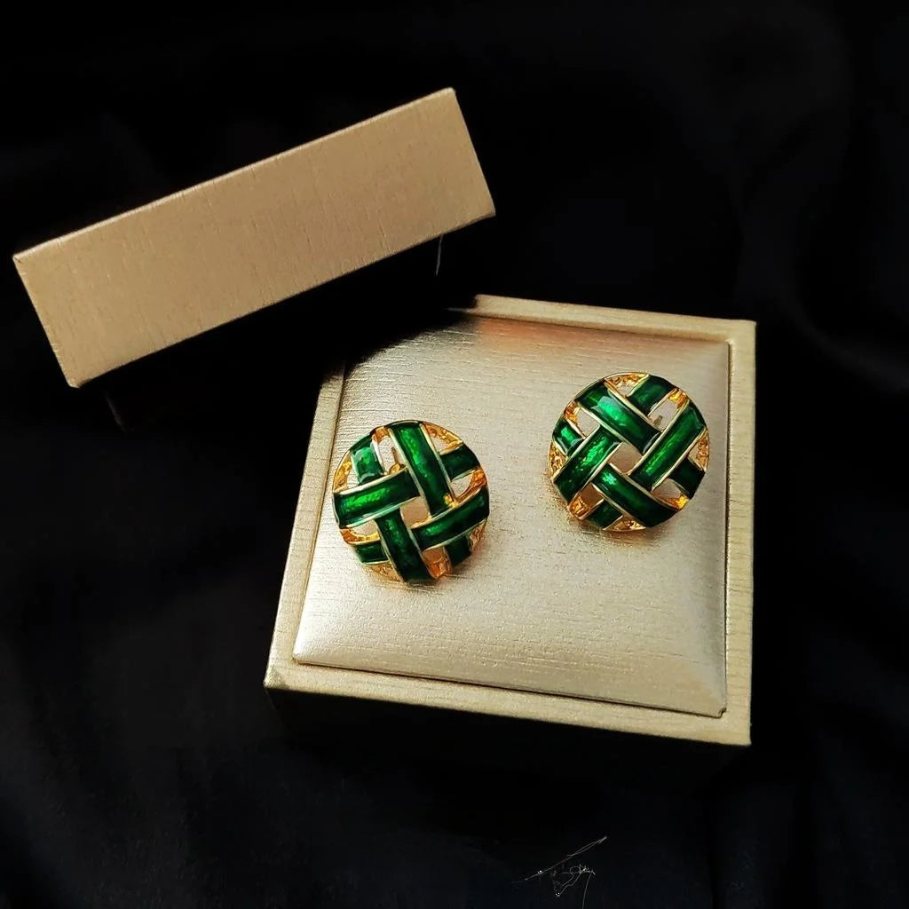 Light Luxury Vintage Woven Half Moon Green Enamel Hollow Copper Stud Earrings