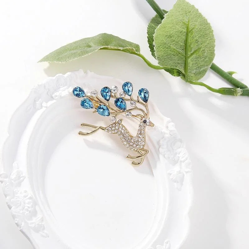 Elegant Rhinestone Deer Brooch With Blue Teardrop Branch Antlers, Luxury Animal Lapel Pin Suit Accessory Gift