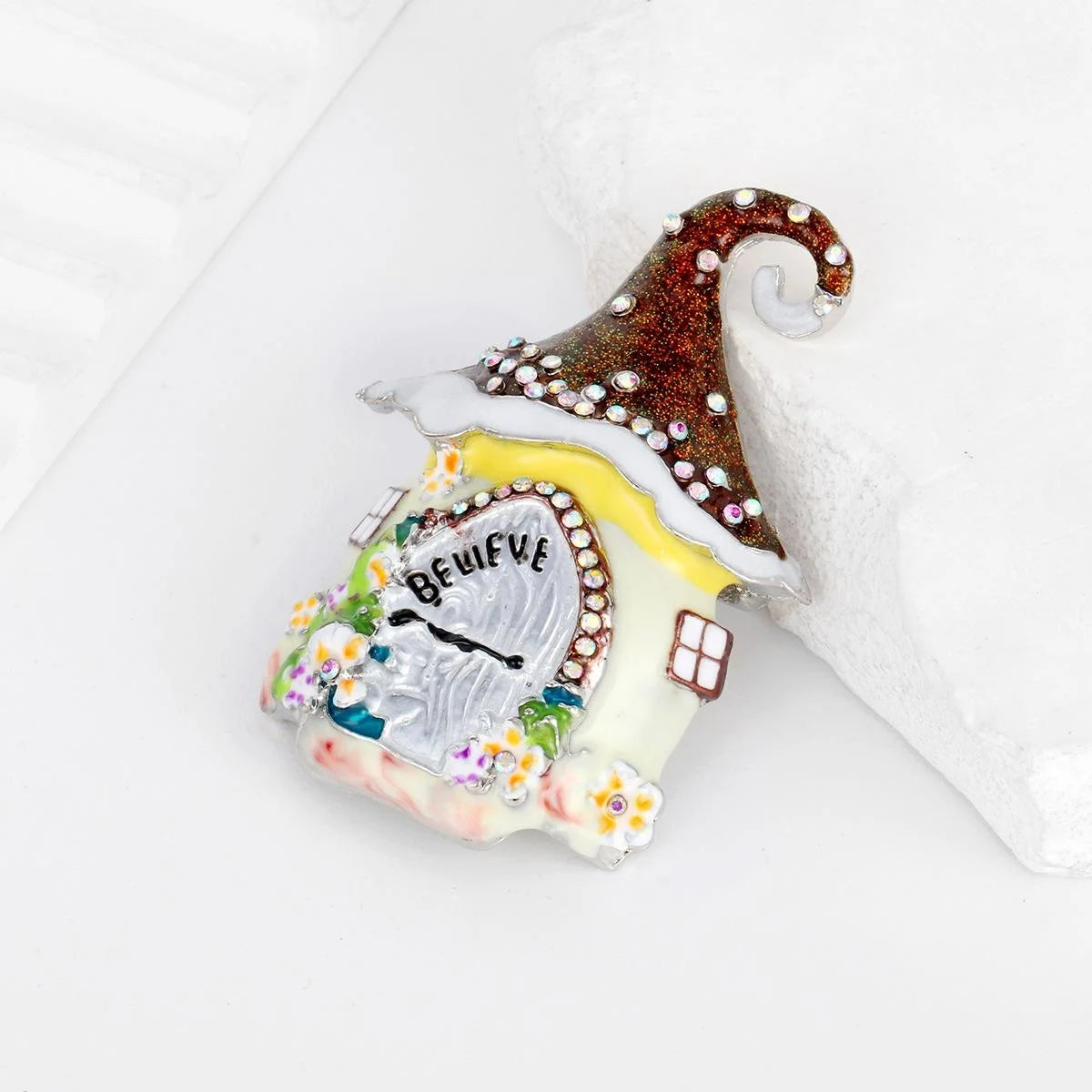 Cute Christmas Fairy House Enamel Rhinestone Brooch, Glitter Roof Lapel Pin Corsage Holiday Gift