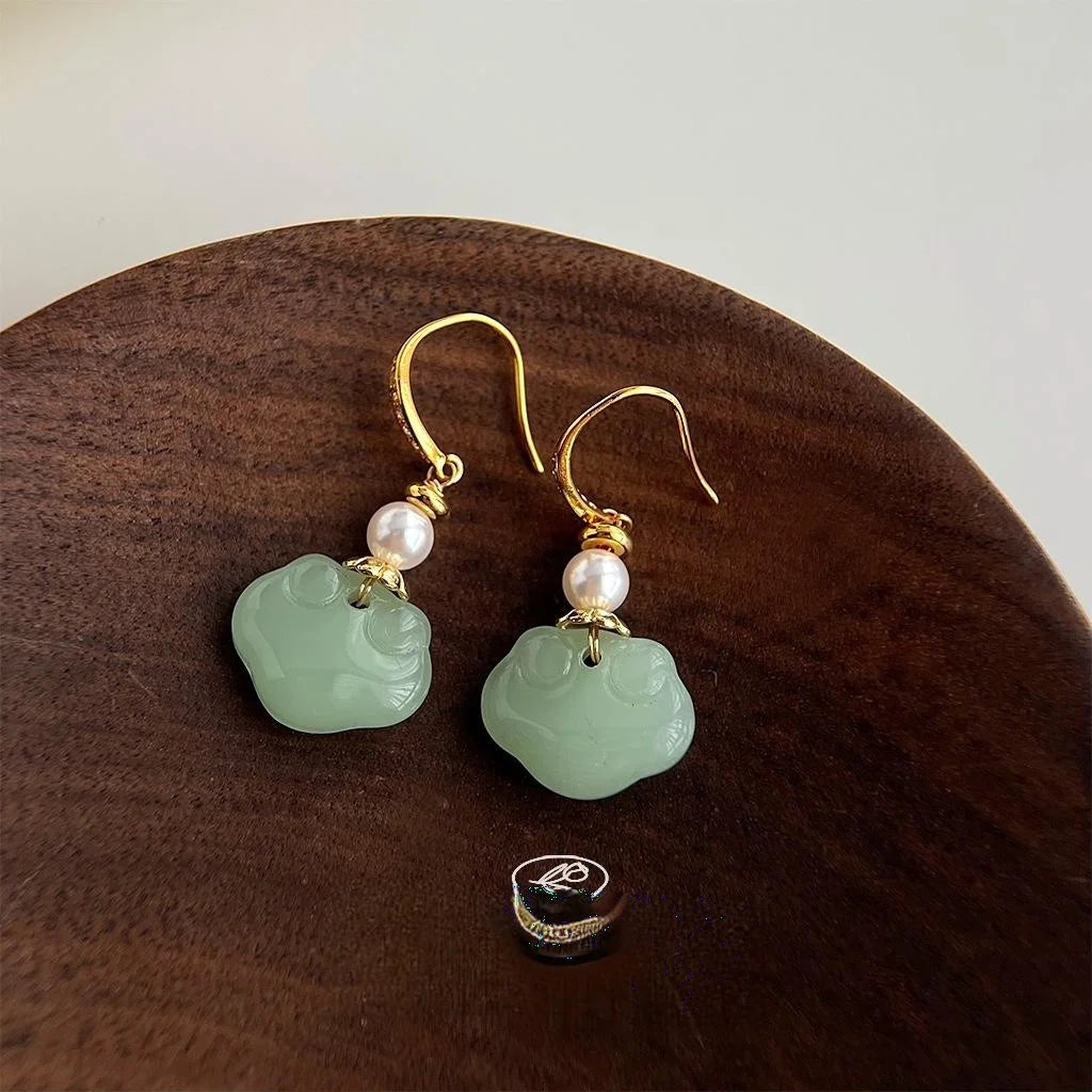 New Chinese Ethnic Handmade Glass Pearl Auspicious Cloud Ruyi Longevity Lock Drop Earrings