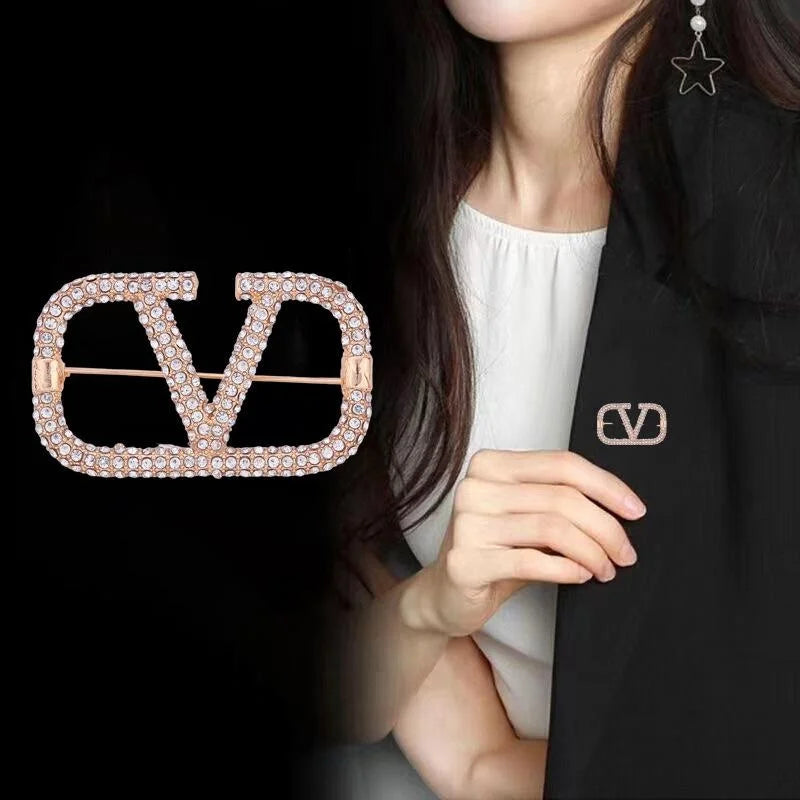 Luxury V Letter Rhinestone Alloy Brooch, Elegant Silver Lapel Pin Corsage For Suit Coat Accessory Gift