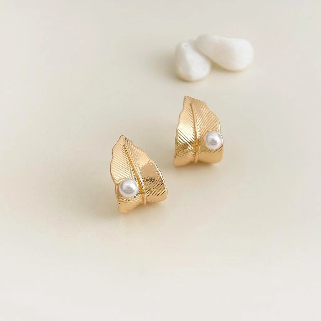 Light Luxury 14K Gold Plated Copper Leaf Drop Earrings With Silver Plated Posts