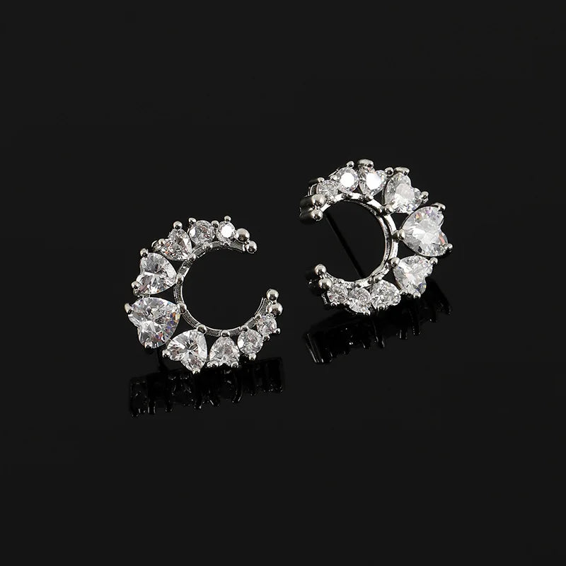 Sparkling Luxury Crescent Moon Cubic Zirconia Hoop Stud & Clip On No Piercing Women's Fashion Earrings
