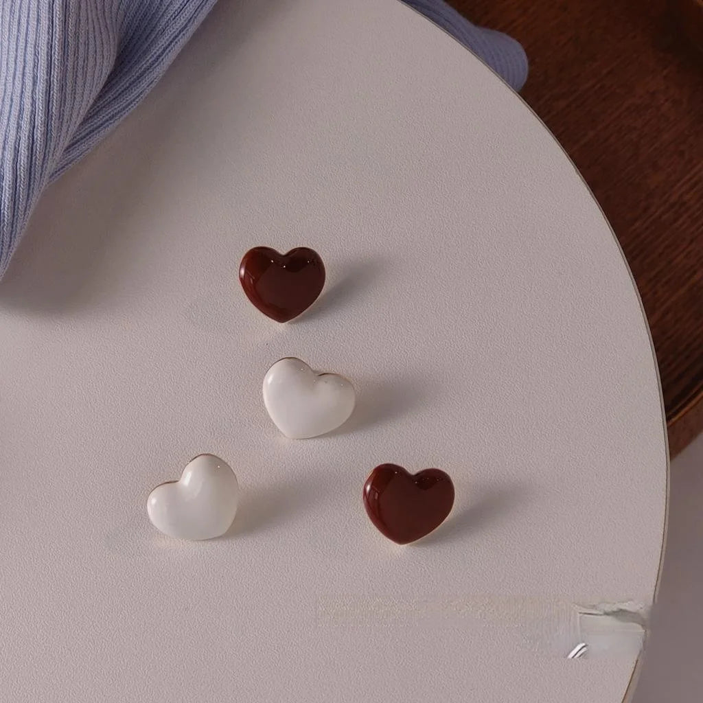 14K Plated Alloy Heart Stud Earrings Burgundy Enamel Milky White Korean Japanese Style