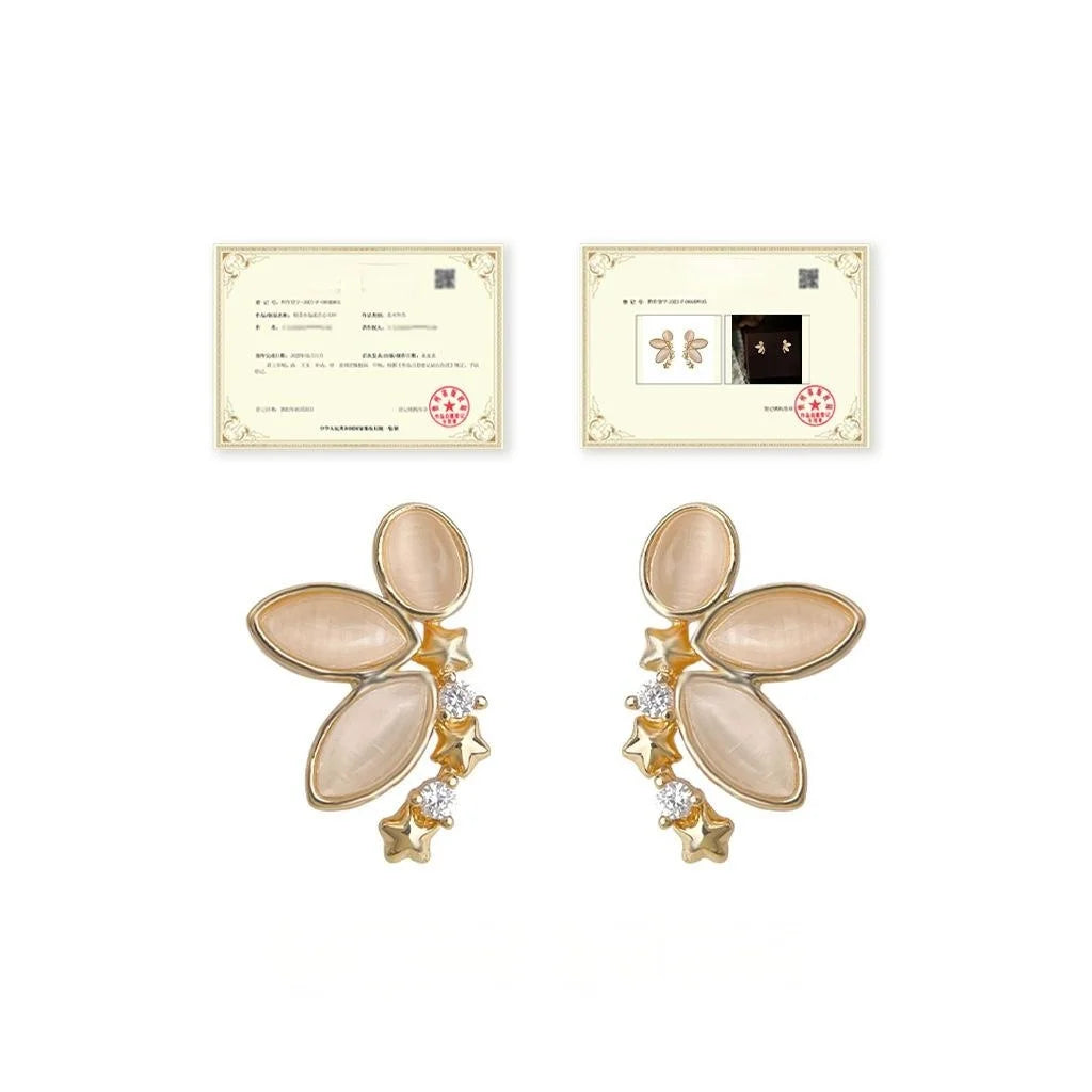 Luxury Floral Petal Stud Earrings With Glass Cat Eye Stone Micro Pave Zircon