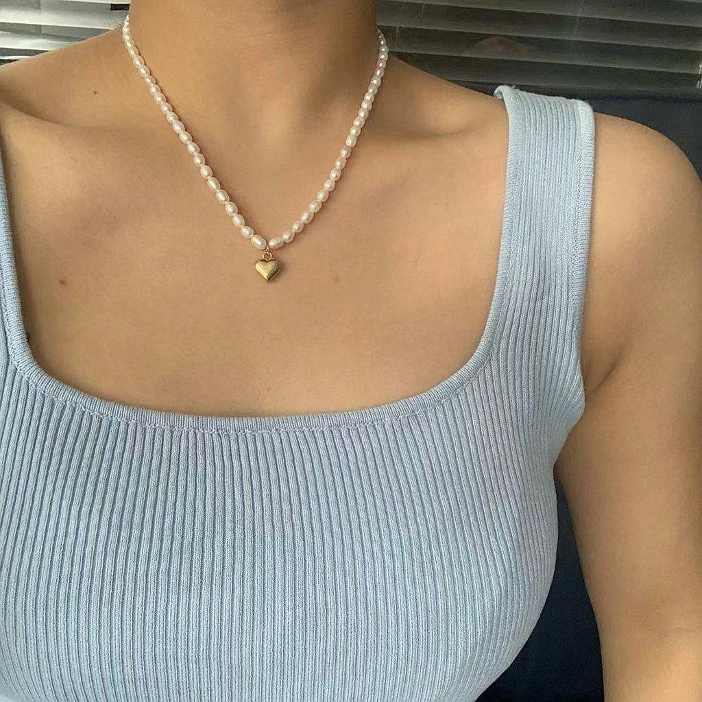 14K Gold Plated Natural Freshwater Pearl Heart Pendant Necklace Japanese Korean Elegant Clavicle Chain