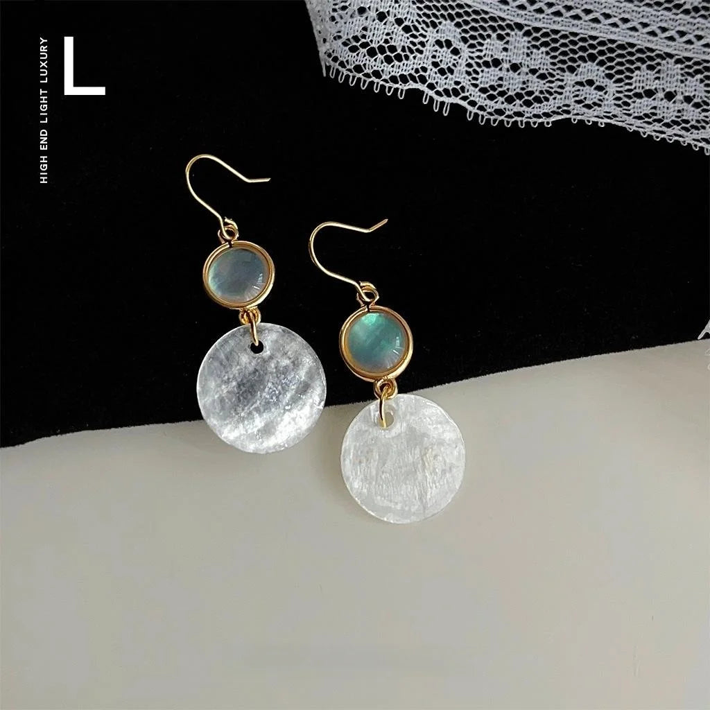 French Vintage Copper And Real Shell Round Geometric Drop Earrings Elegant Handmade Jewelry