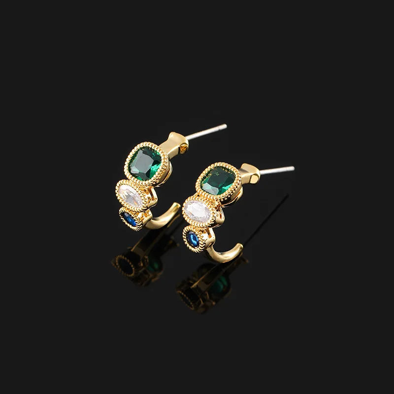 Elegant French Contrast Green Zircon Gold Alloy Spiral Coil Hoop Stud & Clip On No Piercing Earrings