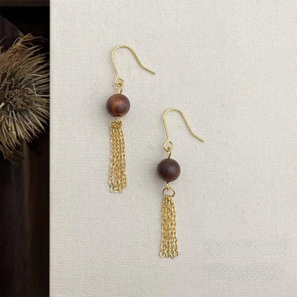 Handmade Wooden Geometric Tassel Drop Earrings for Women Vintage Maillard Style Long Jewelry