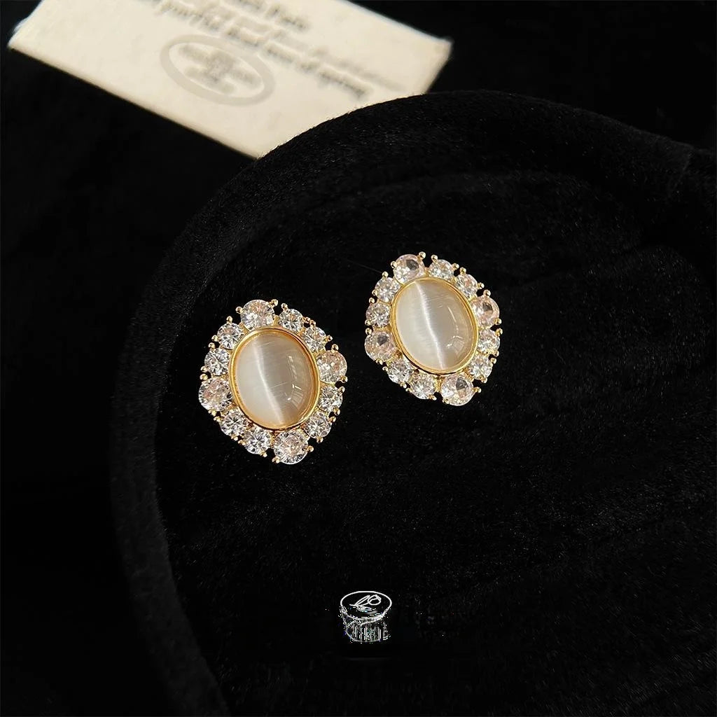 14K Gold Plated Copper Glass Cat Eye Stone Micro Pave Zircon Geometric Stud Earrings