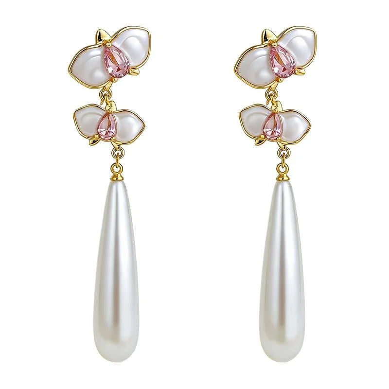 Fairy Style Copper Pink Orchid Pearl Waterdrop Zircon Enamel Tassel Drop Earrings