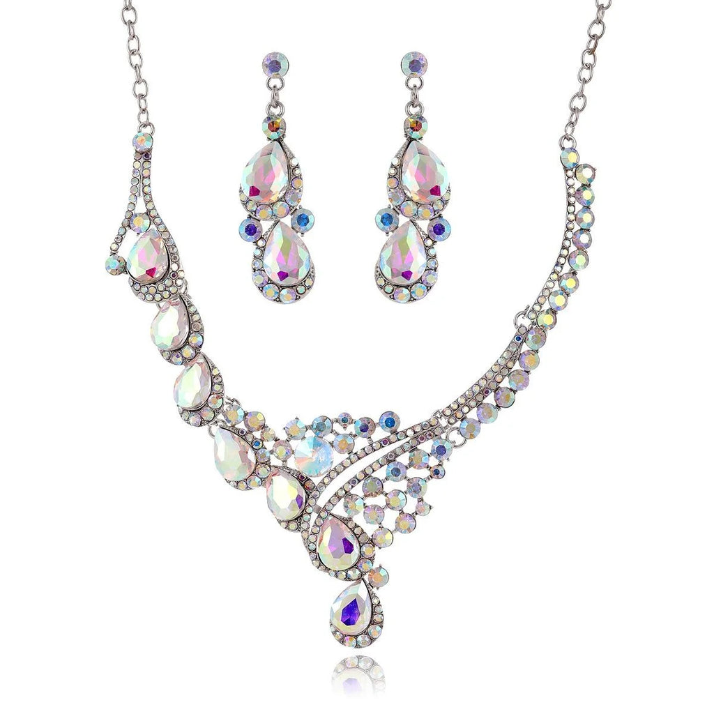 Luxury Green Teardrop Crystal Rhinestone Jewelry Set, Elegant Statement Necklace Earrings For Banquet
