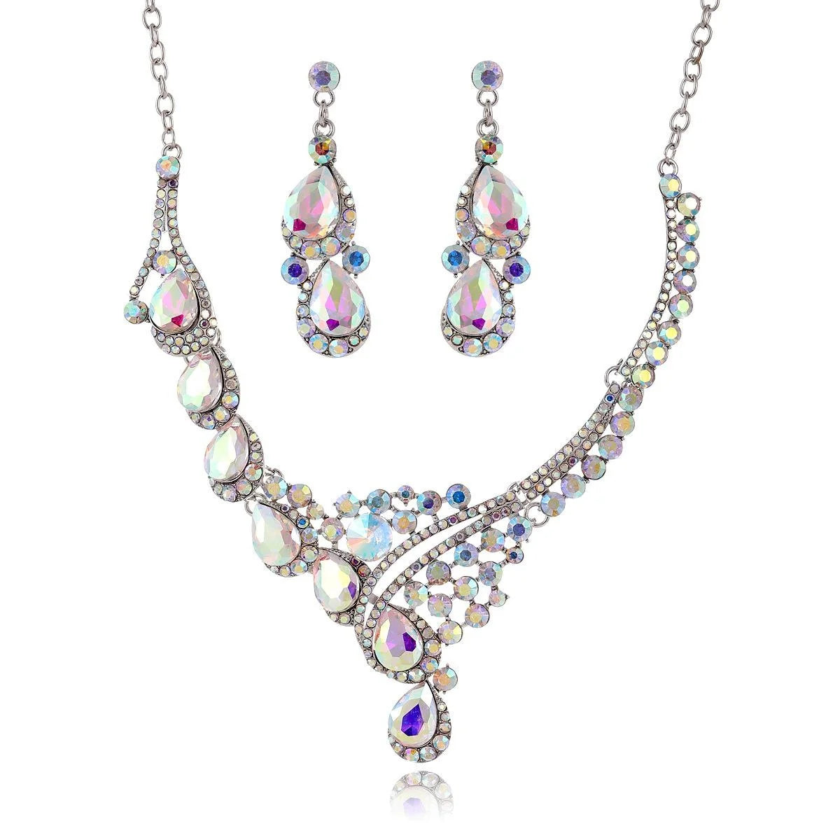 Luxury Green Teardrop Crystal Rhinestone Jewelry Set, Elegant Statement Necklace Earrings For Banquet