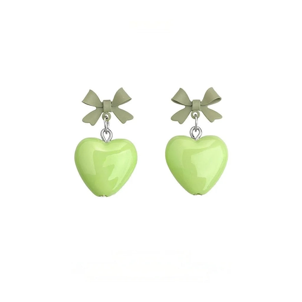 Avocado Green Resin Bow Heart Drop Earrings Sweet Fresh Dopamine Style Yiwu Jewelry