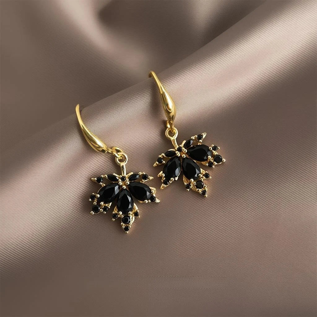 14K Gold Plated Copper Zircon Black Maple Leaf Drop Earrings Light Luxury Commuter Jewelry
