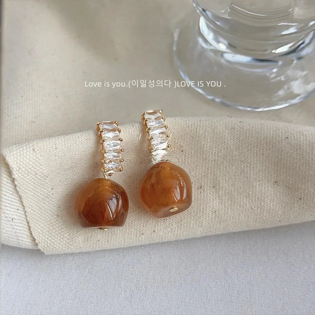 French Vintage Amber Zircon Tassel Drop Earrings 14K Plated Geometric Fashion Jewelry