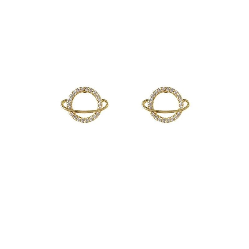 14K Plated Copper Micro Pave Zircon Hollow Planet Stud Earrings