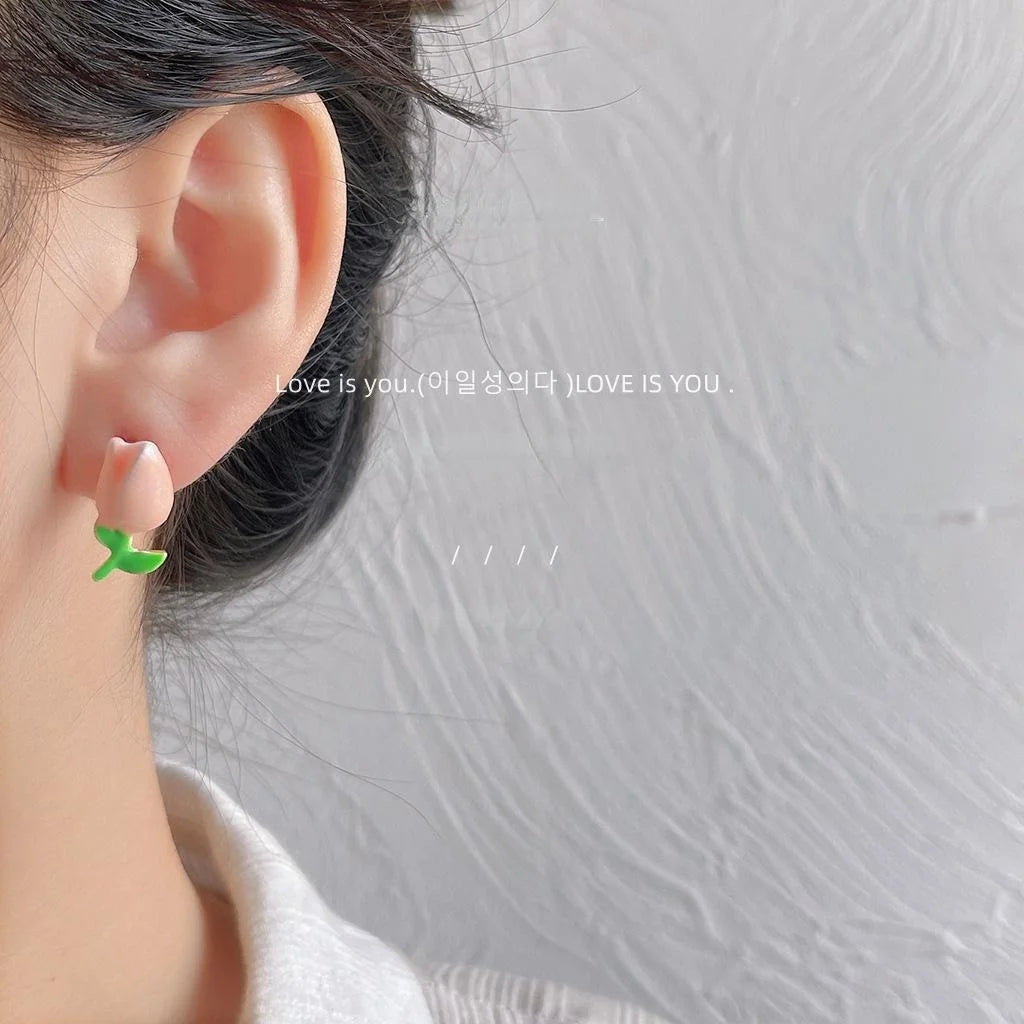 Sweet Tulip Flower 14K Plated Metal Stud Earrings, Minimalist Cute Ear Jewelry