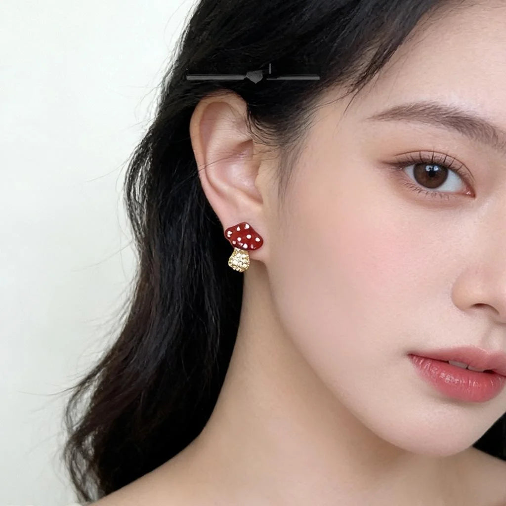 Cute Mushroom Stud Earrings Copper Zircon Micro Pave Childlike Style Gift Jewelry