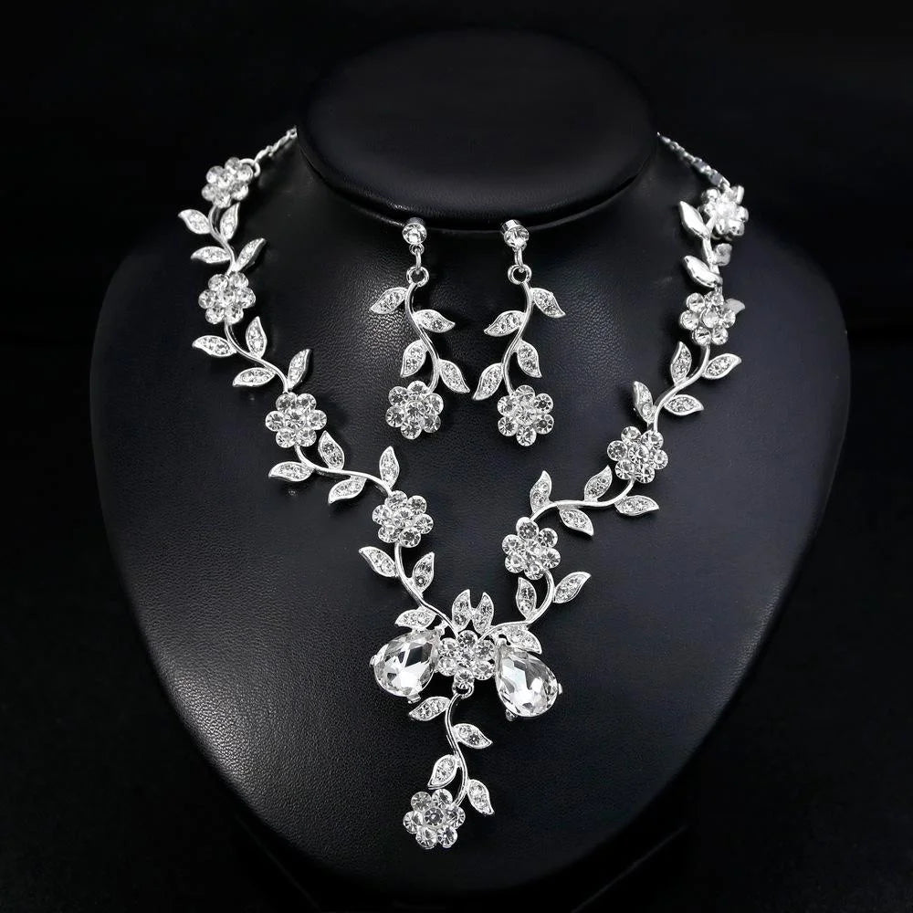 Elegant Bridal Rhinestone Crystal Flower Vine Necklace Earrings Jewelry Set For Wedding Party Gift