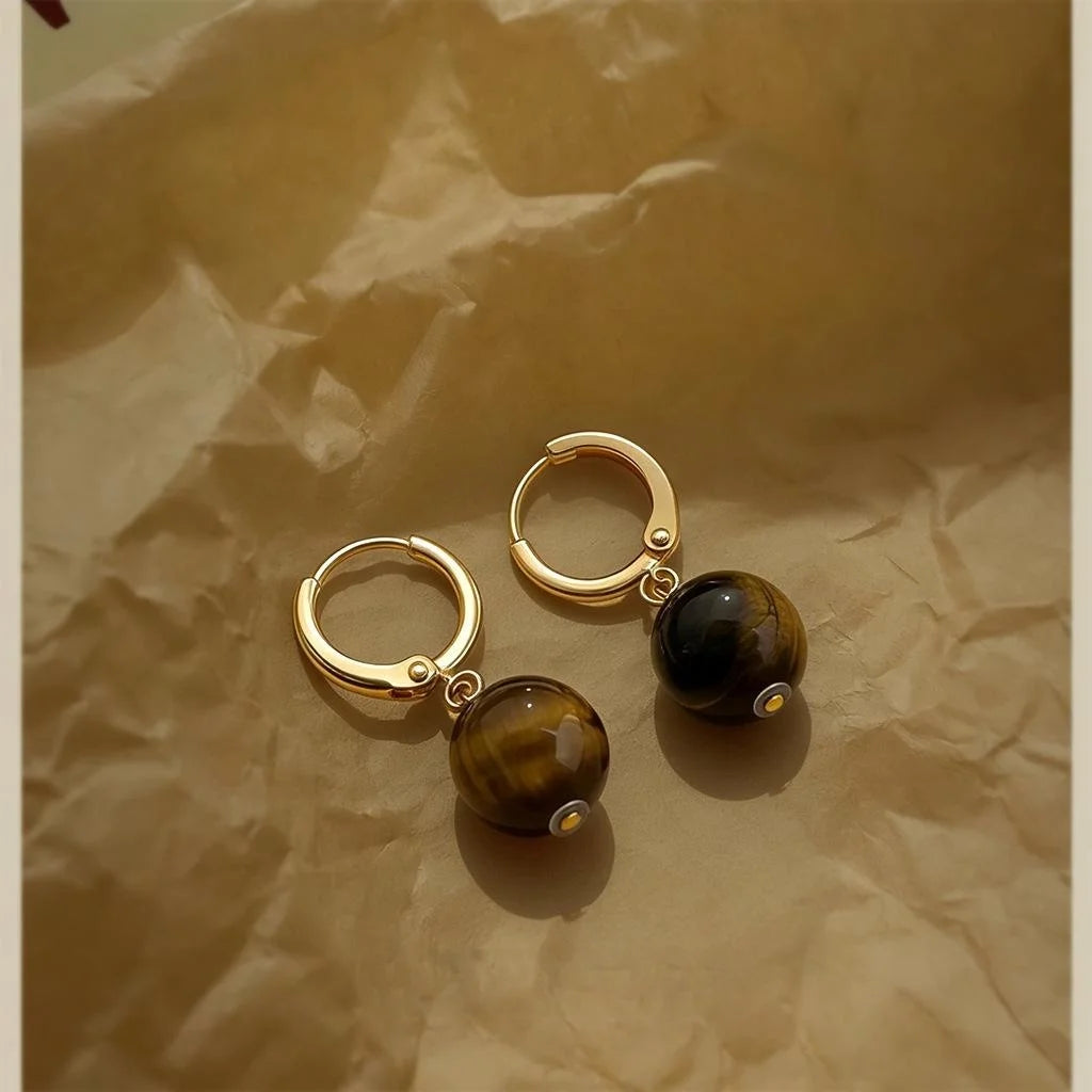 Maillard Style Copper Tiger Eye Geometric Round Hoop Earrings For Women Retro Luxury Jewelry