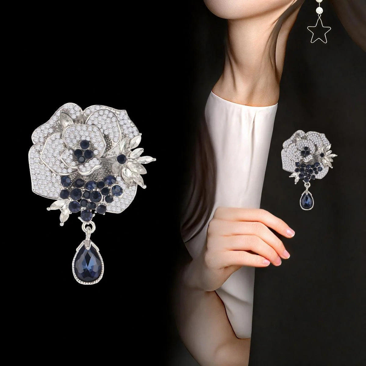 Luxury Rhinestone Rose Flower Brooch With Blue Teardrop Pendant, Alloy Zircon Lapel Pin Corsage Gift