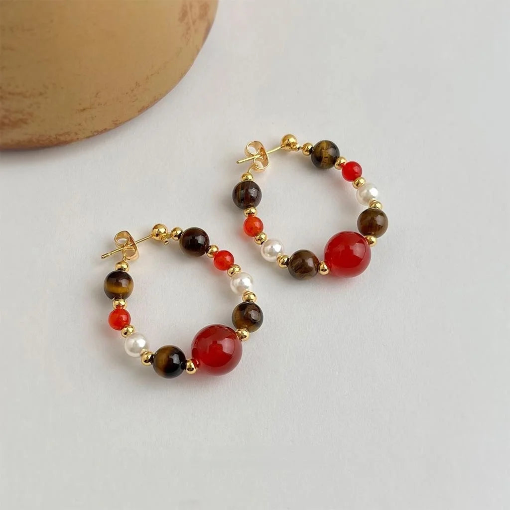 New Chinese Retro Copper Tiger Eye Red Agate Pearl Geometric Drop Earrings