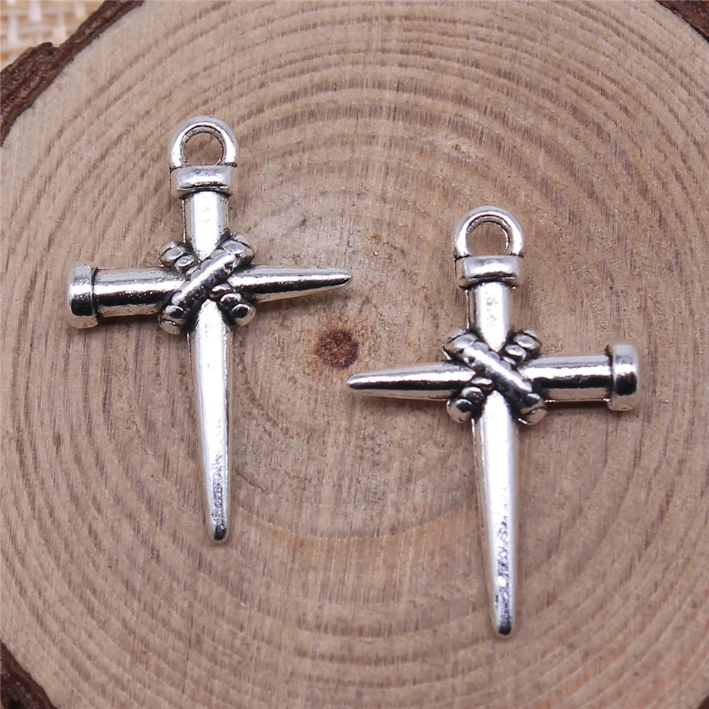 22x16mm 1.3g Antique Silver Zinc Alloy Nail Cross Charm Pendant for DIY Necklace Bracelet Making