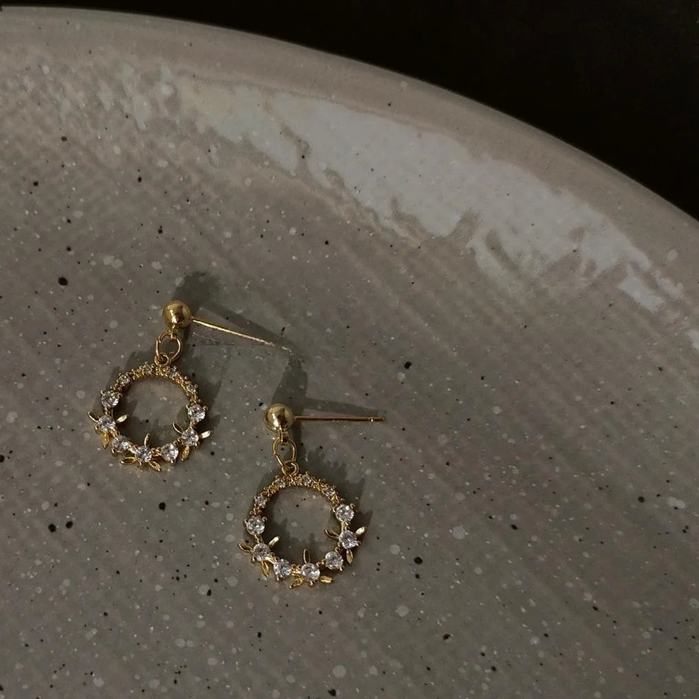 French Vintage Copper Micro Pave Zircon Floral Wreath Drop Earrings Romantic Court Style